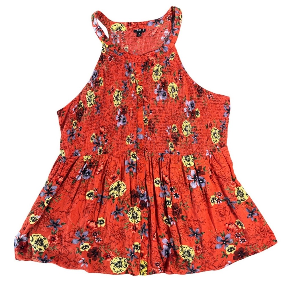 Torrid‎ Floral Smocked Halter Top Womens 4 Plus Orange Red Button Front Peplum